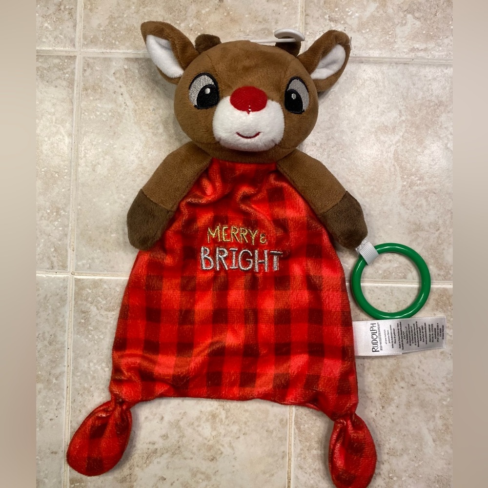 Christmas Rudolph The Red Nose Reindeer Baby Lovey Plush Soft Toy Rattle Merry